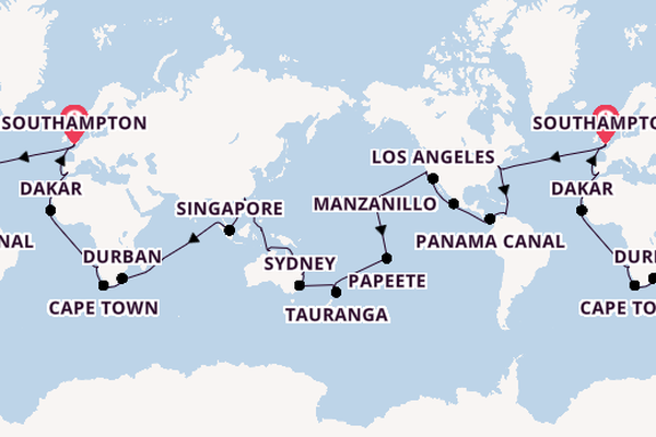 World Cruise from Southampton, England with the Queen Mary 2