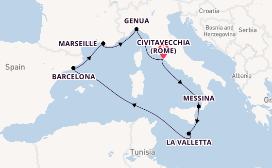 Westelijke Middellandse Zee vanaf Civitavecchia (Rome), Italië met de MSC World Asia
