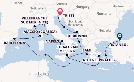 Middellandse Zee vanaf Triëst, Italië met de Queen Elizabeth
