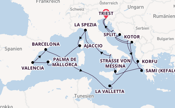 Mittelmeer ab Triest, Italien auf der Queen Elizabeth