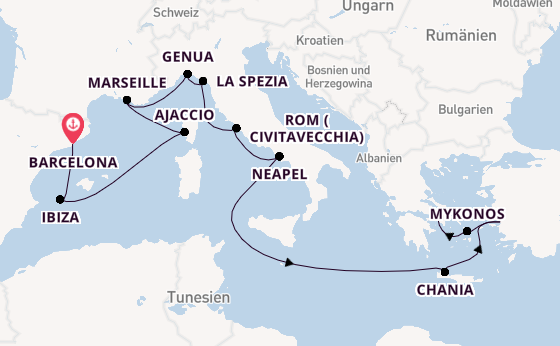 Mittelmeer ab Barcelona, Spanien auf der Sun Princess