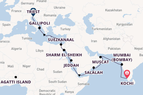 Middellandse Zee vanaf Kochi, India met de Amadea