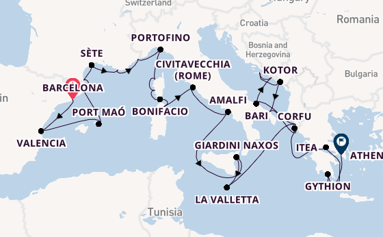 Middellandse Zee vanaf Barcelona, Spanje met de Seabourn Ovation