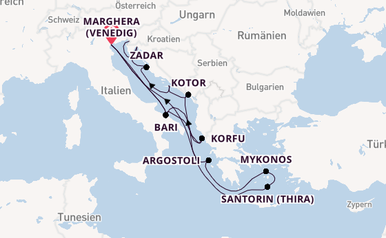 Mittelmeer ab Marghera (Venedig) auf der Costa Deliziosa