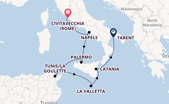 Westelijke Middellandse Zee vanaf Civitavecchia (Rome), Italië met de Costa Fascinosa