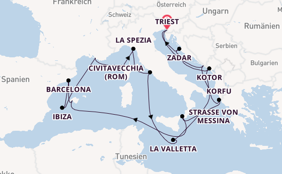 Mittelmeer ab Triest, Italien auf der Queen Elizabeth