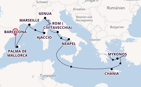Mittelmeer ab Barcelona, Spanien auf der Sun Princess
