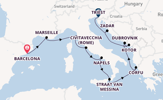 Middellandse Zee vanaf Barcelona, Spanje met de Oosterdam