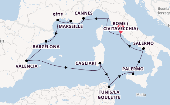 Western Mediterranean from Rome (Civitavecchia), Italy with the Viking Vela
