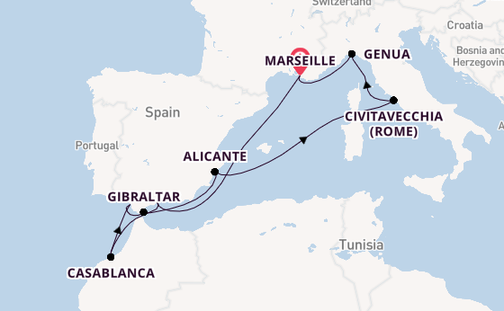 Westelijke Middellandse Zee vanaf Marseille, Frankrijk met de MSC Sinfonia