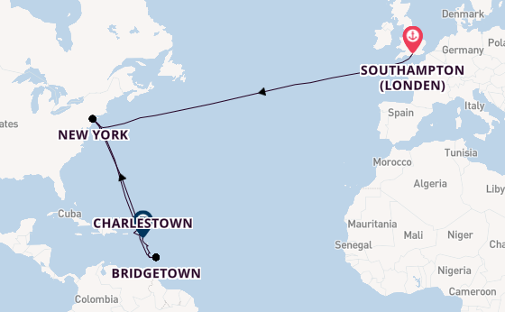 trans-Atlantisch vanaf Southampton (Londen), Engeland met de Queen Mary 2