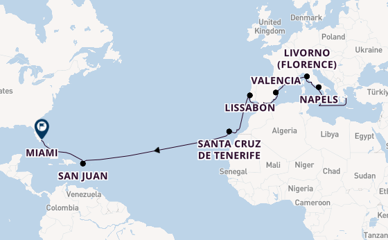 trans-Atlantisch vanaf Athene (Piraeus), Griekenland met de Aurelia