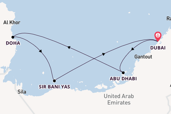 Perzische Golf vanaf Dubai, Verenigde Arabische Emiraten met de Mein Schiff 4