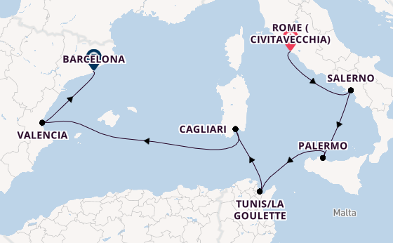 Western Mediterranean from Rome (Civitavecchia), Italy with the Viking Vela