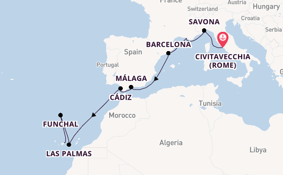 Westelijke Middellandse Zee vanaf Civitavecchia (Rome), Italië met de Costa Smeralda