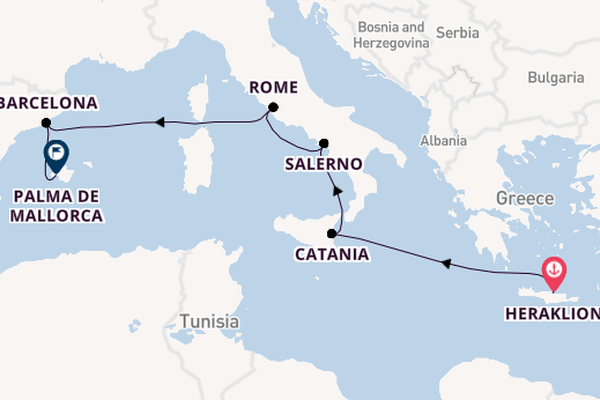 Westelijke Middellandse Zee vanaf Heraklion, Griekenland met de Mein Schiff 5