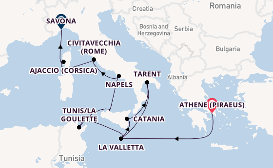 Westelijke Middellandse Zee vanaf Athene (Piraeus), Griekenland met de Costa Fascinosa
