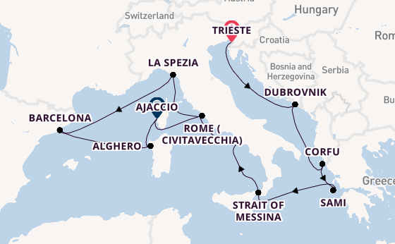 Western Mediterranean from Trieste, Italy with the Queen Elizabeth