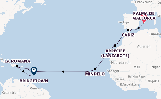 Karibik ab Palma de Mallorca, Spanien auf der Mein Schiff 4