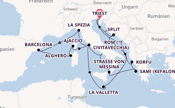 Mittelmeer ab Triest, Italien auf der Queen Elizabeth