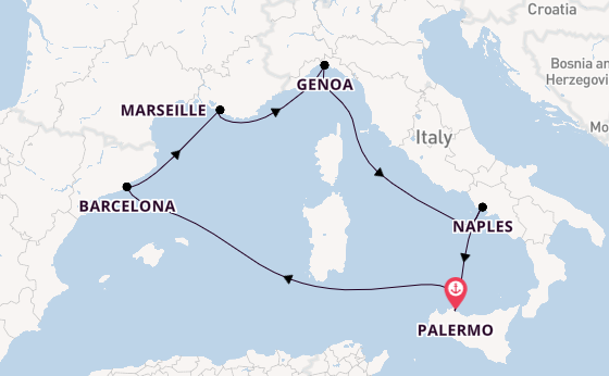 Western Mediterranean from Palermo, Sicily, Italy with the MSC Seashore