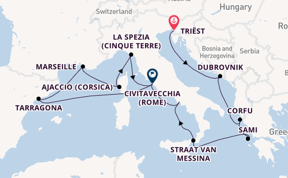 Westelijke Middellandse Zee vanaf Triëst, Italië met de Queen Elizabeth