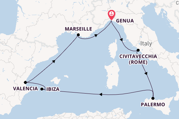 Westelijke Middellandse Zee vanaf Genua, Italië met de MSC Musica