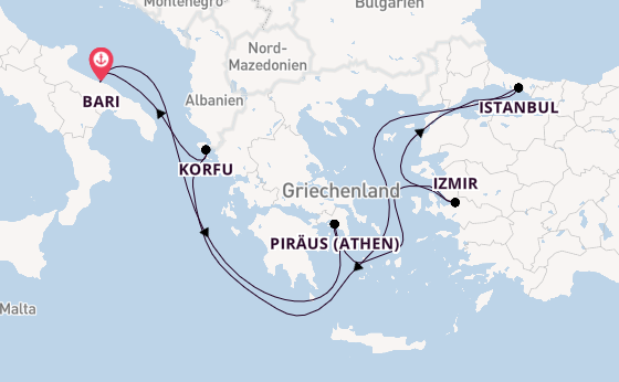 Mittelmeer ab Bari, Italien auf der MSC Lirica