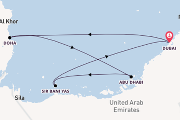 Perzische Golf vanaf Dubai, Verenigde Arabische Emiraten met de Mein Schiff 5