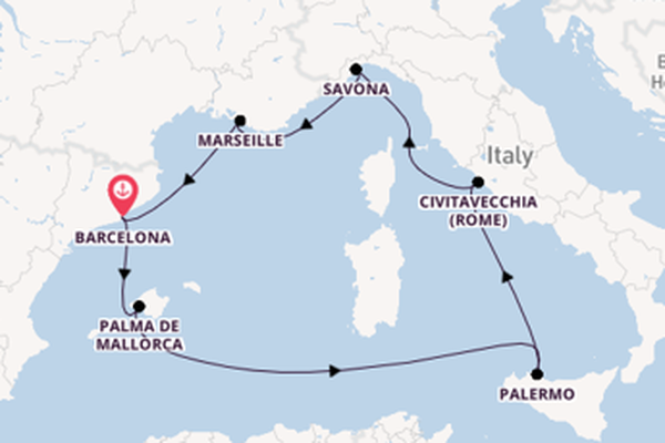 Westelijke Middellandse Zee vanaf Barcelona, Spanje met de Costa Smeralda