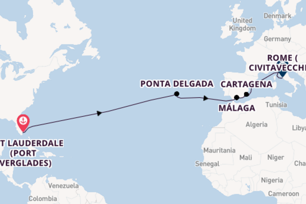 Voyage from Fort Lauderdale (Port Everglades) to Rome (Civitavecchia) via Ponta Delgada