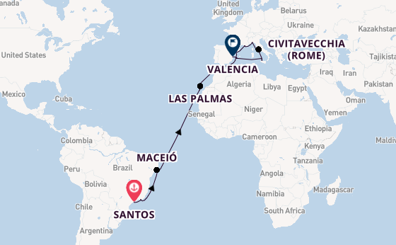 trans-Atlantisch vanaf Santos, Brazilië met de MSC Musica