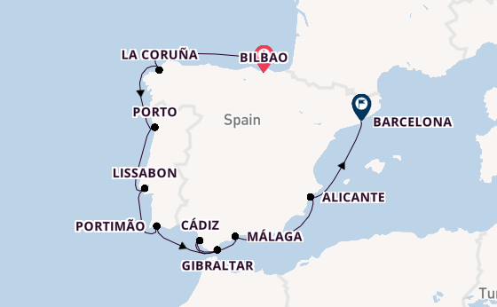 Westelijke Middellandse Zee vanaf Bilbao, Spanje met de Marina