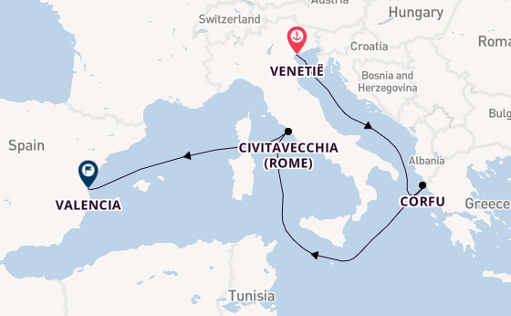 Westelijke Middellandse Zee vanaf Venetië, Italië met de MSC Lirica