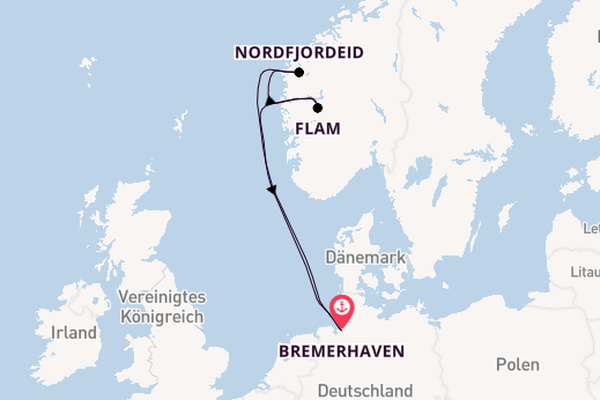 Norwegen ab Bremerhaven, Deutschland auf der Mein Schiff 2