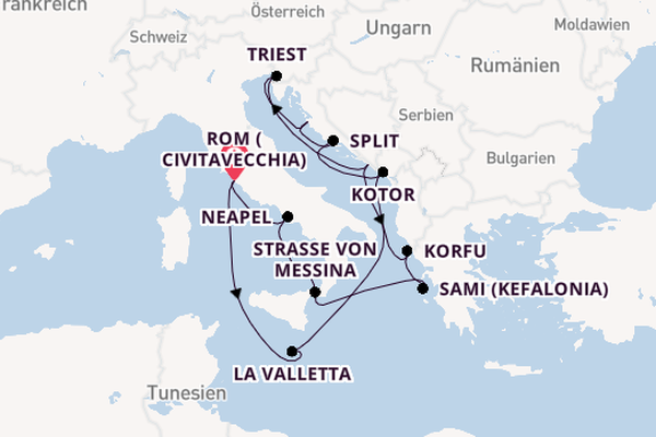 Mittelmeer ab Civitavecchia (Rom), Italien auf der Queen Elizabeth