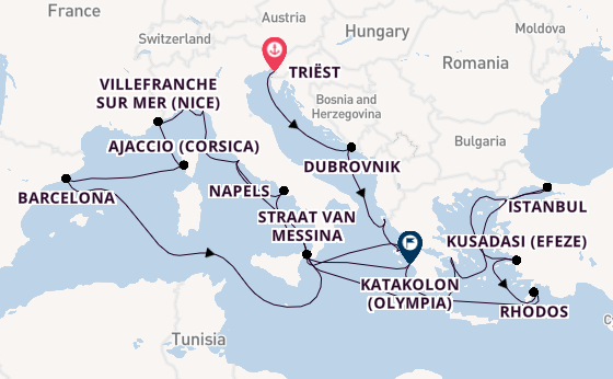 Middellandse Zee vanaf Triëst, Italië met de Queen Elizabeth