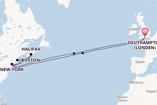 trans-Atlantisch vanaf Southampton (Londen), Engeland met de Queen Mary 2