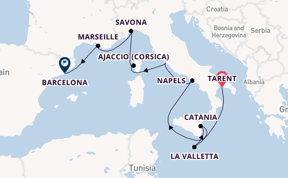 Westelijke Middellandse Zee vanaf Tarent, Italië met de Costa Serena