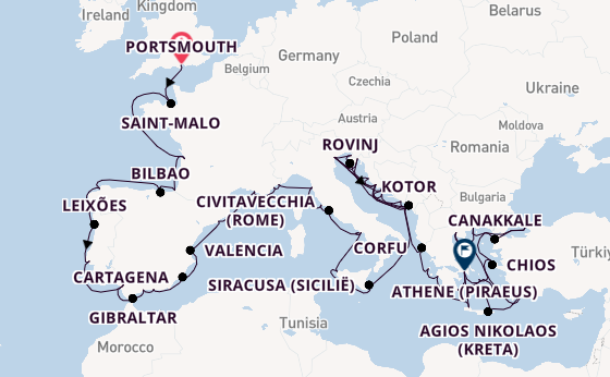 Middellandse Zee vanaf Portsmouth, Engeland met de Azamara Journey