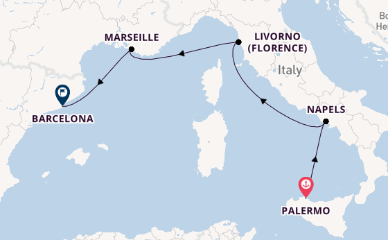 Westelijke Middellandse Zee vanaf Palermo, Sicilië met de MSC Meraviglia