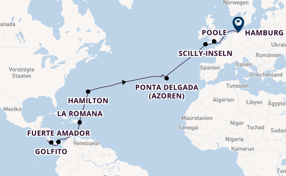 Transatlantik ab Puntarenas (Puerto Caldera), Costa Rica auf der MS Hamburg