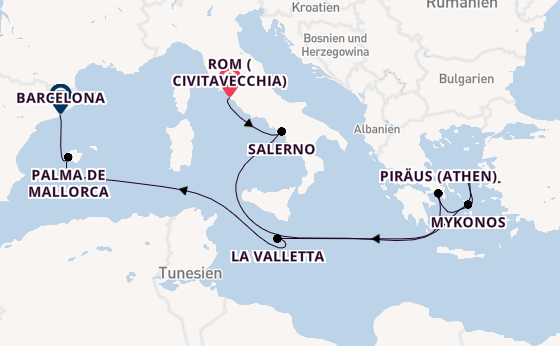 Mittelmeer ab Civitavecchia (Rom), Italien auf der Carnival Sunshine