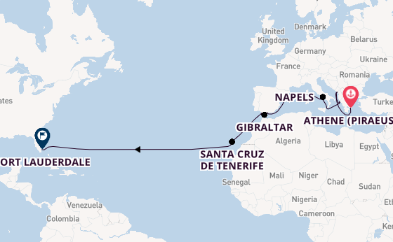trans-Atlantisch vanaf Athene (Piraeus), Griekenland met de Sun Princess