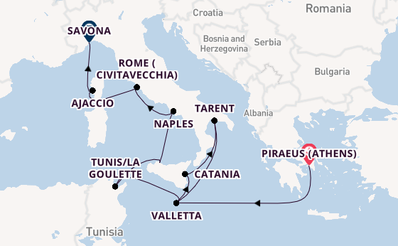 Western Mediterranean from Piraeus (Athens), Greece with the Costa Fascinosa