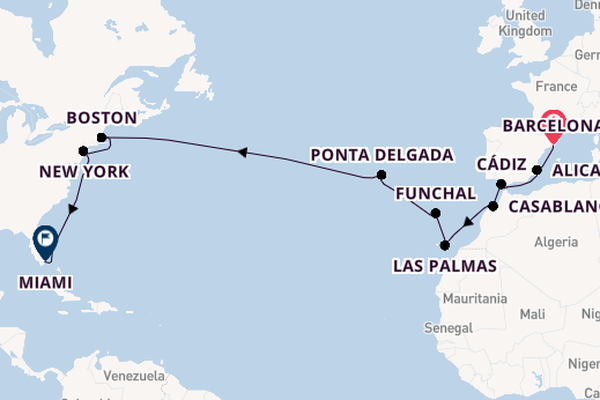 trans-Atlantisch vanaf Barcelona, Spanje met de MSC Meraviglia