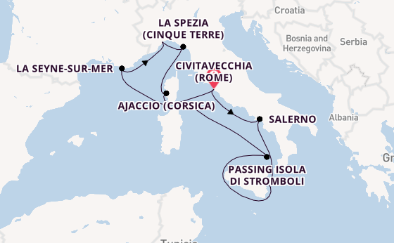 Westelijke Middellandse Zee vanaf Civitavecchia (Rome), Italië met de Costa Fascinosa