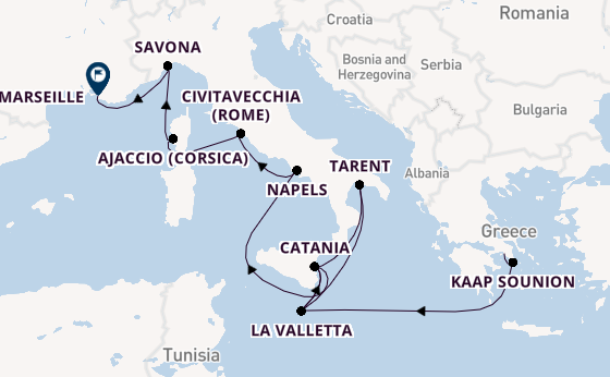 Westelijke Middellandse Zee vanaf Athene (Piraeus), Griekenland met de Costa Serena