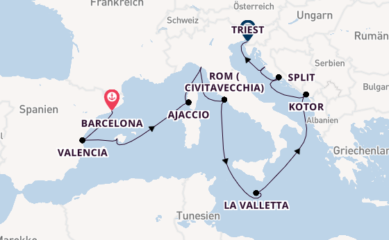 Mittelmeer ab Barcelona, Spanien auf der Queen Elizabeth