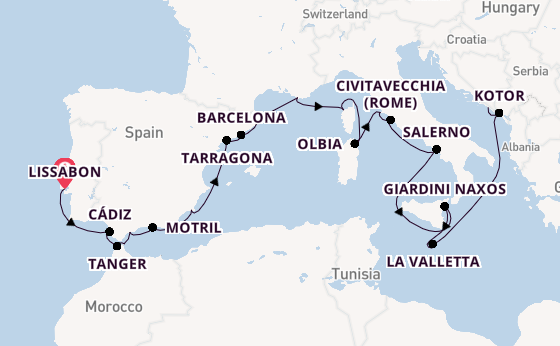 Middellandse Zee vanaf Lissabon, Portugal met de Seabourn Ovation